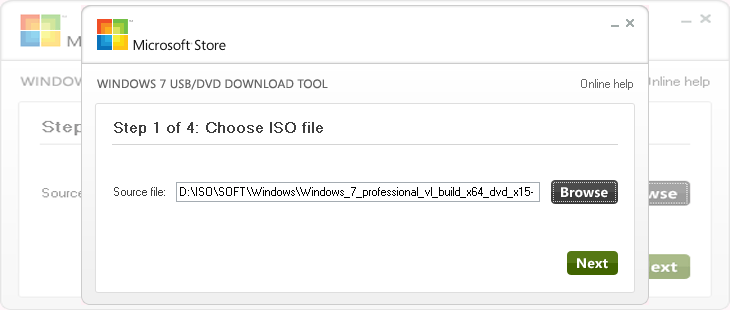 окно с выбором ISO образа в Microsoft Windows 7 USB/DVD Download Tool
