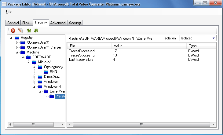 Cameyo - вкладка Registry, создание портативной версии программ